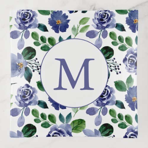 Rustic Navy Blue Watercolor Floral Monogram  Trinket Tray