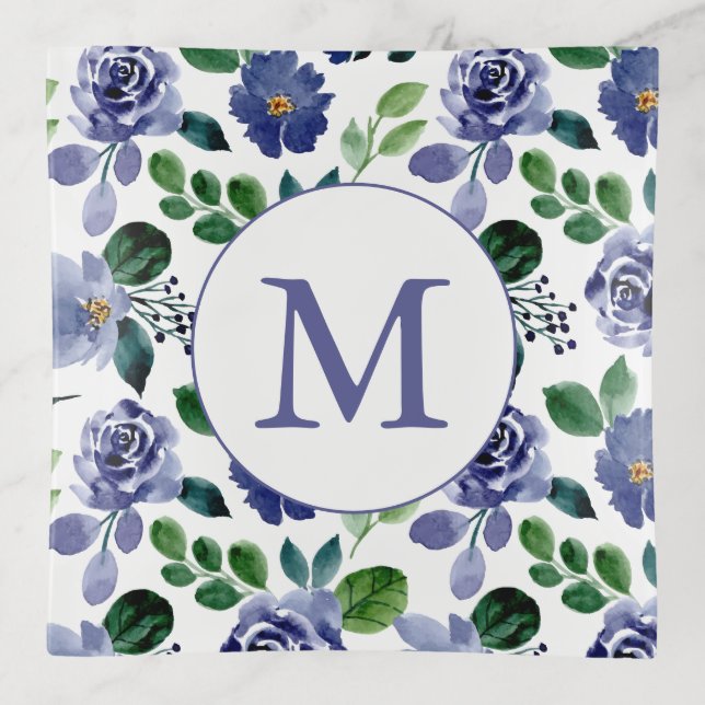Rustic Navy Blue Watercolor Floral Monogram  Trinket Tray (Front)