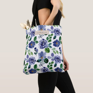 Rustic Navy Blue Watercolor Floral Personalized Tote Bag