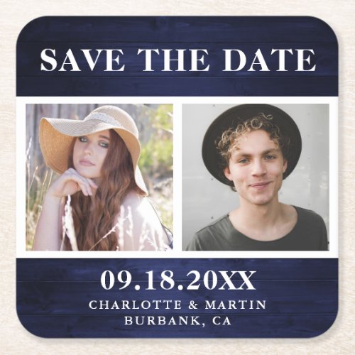 Rustic Navy Blue Wedding 2 Photo Save The Date Square Paper Coaster