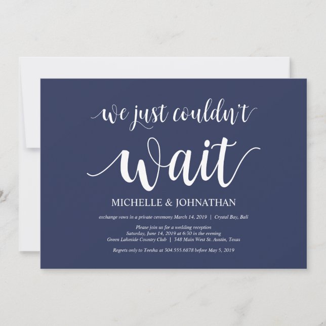 Rustic Navy Blue Wedding Elopement Reception Invitation (Front)