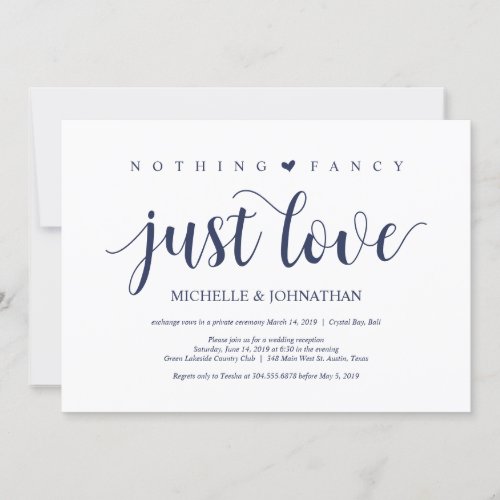 Rustic Navy Blue Wedding Elopement Reception Invitation