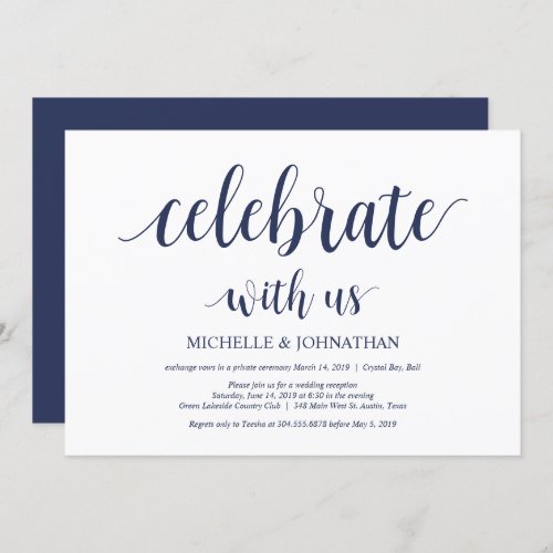 Rustic Navy Blue Wedding Elopement Reception Invitation