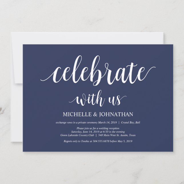 Rustic Navy Blue Wedding Elopement Reception Invitation (Front)