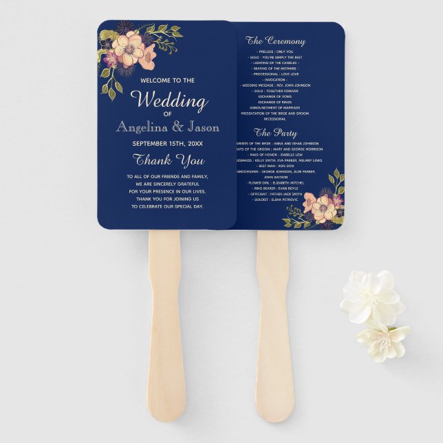 Rustic Navy Blue Wedding Program Hand Fan (Front and Back)