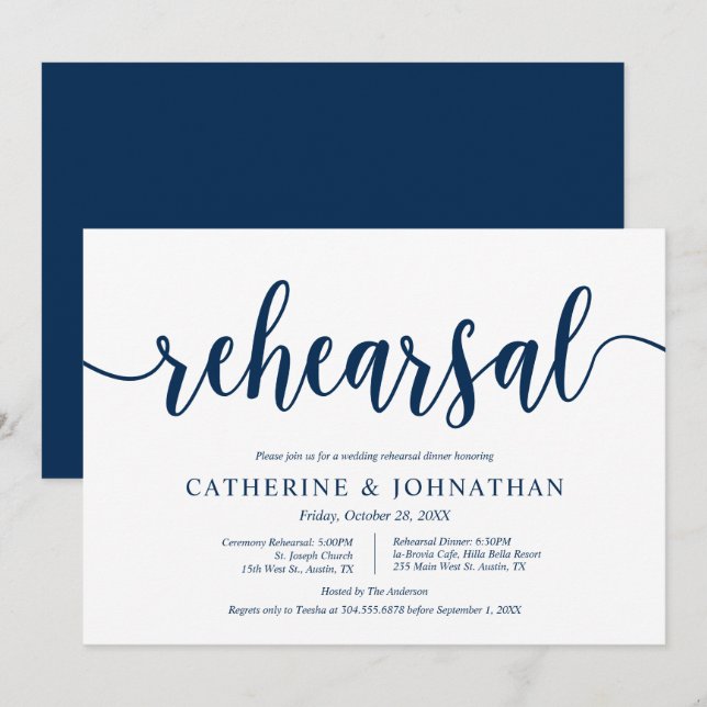 Rustic Navy Blue, Wedding Rehearsal and Dinner Invitation (Front/Back)