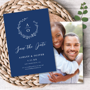 Rustic Navy Blue Wildflower + Photo Save The Date Invitation