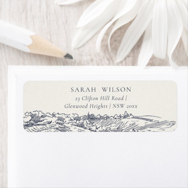 Rustic Navy Blue Winery Mountain Sketch Address Label (Insitu)