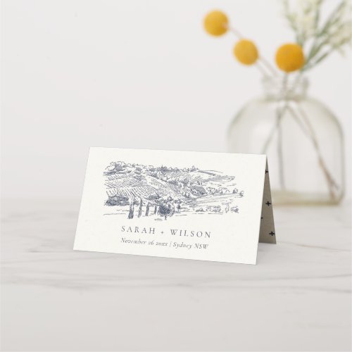 Rustic Navy Blue Winery Mountain Sketch Wedding Place Card