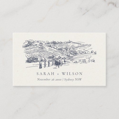 Rustic Navy Blue Winery Mountain Sketch Wedding Place Card