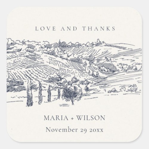 Rustic Navy Blue Winery Mountain Sketch Wedding Square Sticker