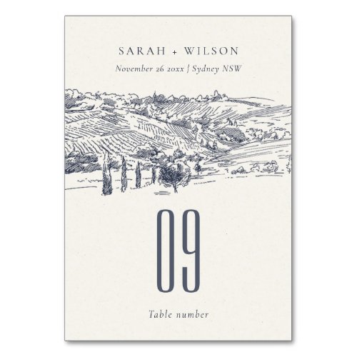 Rustic Navy Blue Winery Mountain Sketch Wedding Table Number