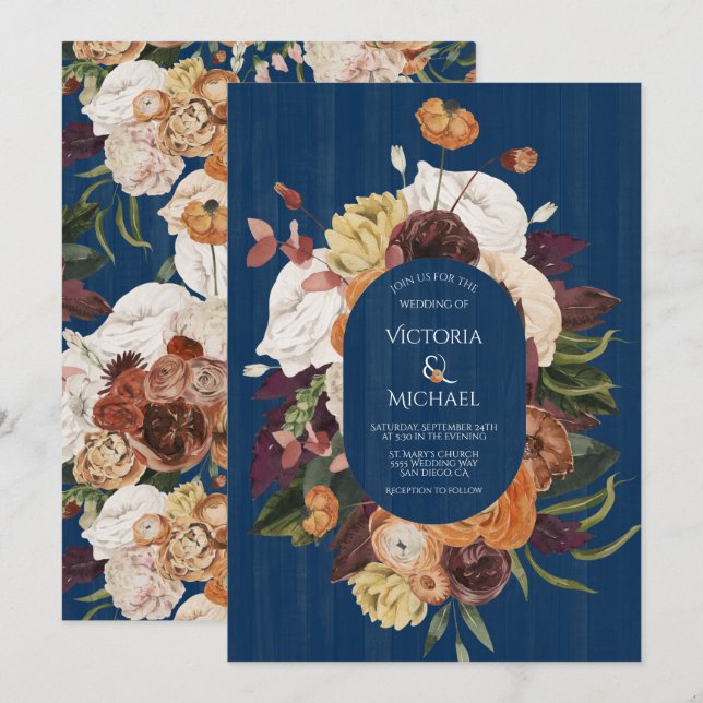 Rustic Navy Blue Wood Autumn Floral Wreath Wedding Invitation (Front/Back)