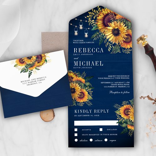 Rustic Navy Blue Wood Boho Sunflowers Wedding All In One Invitation