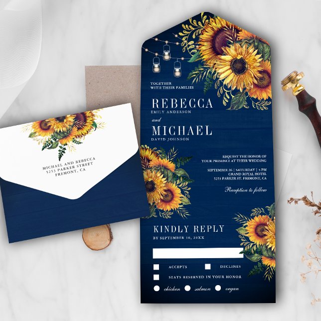 Rustic Navy Blue Wood Boho Sunflowers Wedding All In One Invitation (Creator Uploaded)