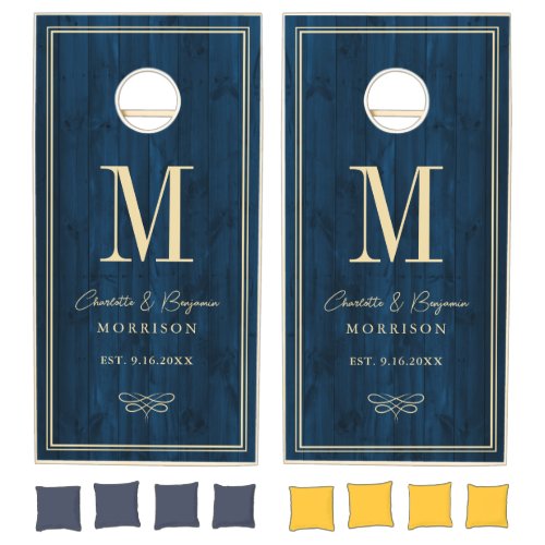 Rustic Navy Blue Wood Bride Groom Monogram Wedding Cornhole Set