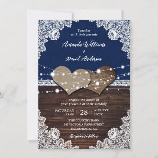 Rustic Navy Blue Wood Burlap Lace Wedding Invitation