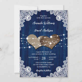 Rustic Navy Blue Wood Burlap Lace Wedding Invitation