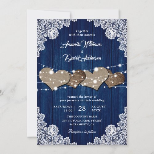Rustic Navy Blue Wood Burlap Lace Wedding Invitation