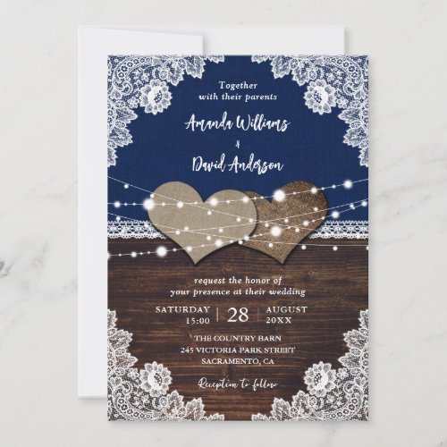 Rustic Navy Blue Wood Burlap Lace Wedding Invitation