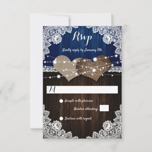 Rustic Navy Blue Wood Burlap Lace Wedding RSVP