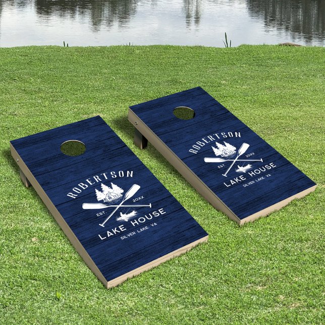 Rustic Navy Blue Wood Family Lake House Trees Cornhole Set (Creator Uploaded)