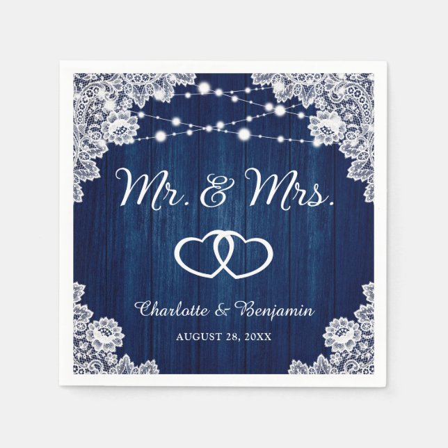 Rustic Navy Blue  Wood Lace String Lights Wedding Napkins (Front)