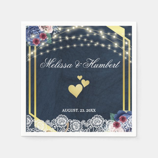 Rustic Navy Blue Wood Lace String Lights Wedding Napkins (Front)