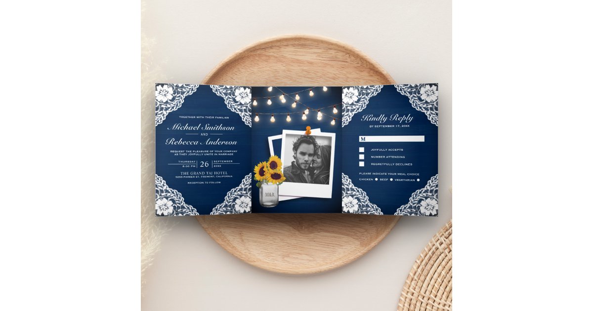 Rustic Navy Blue Wood Lace String Lights Wedding Tri-Fold Invitation ...