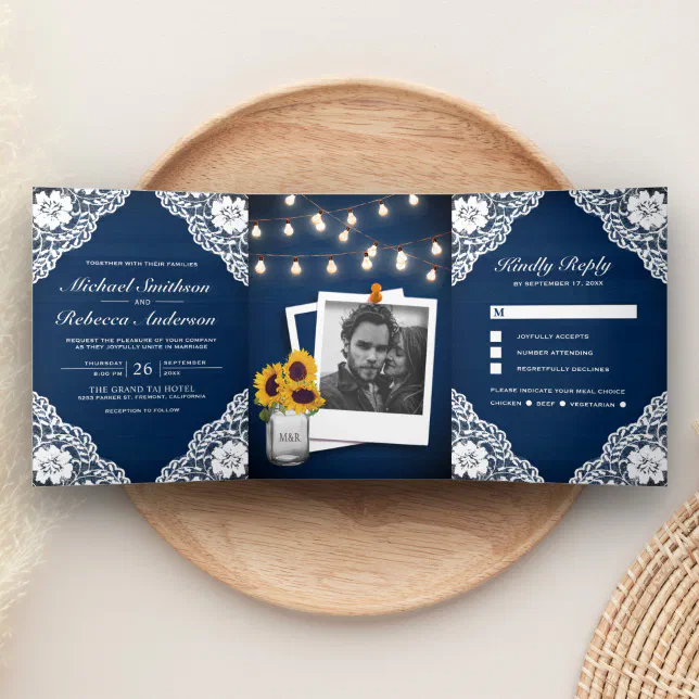Rustic Navy Blue Wood Lace String Lights Wedding Tri-Fold Invitation ...