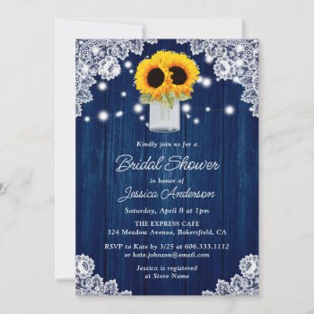 Rustic Navy Blue Wood Lace Sunflower Bridal Shower Invitation by DanielCapPhotography at Zazzle
