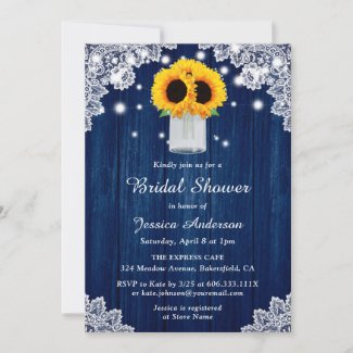 Rustic Navy Blue Wood Lace Sunflower Bridal Shower