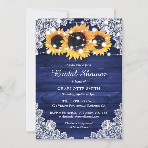 Rustic Navy Blue Wood Lace Sunflower Bridal Shower Invitation