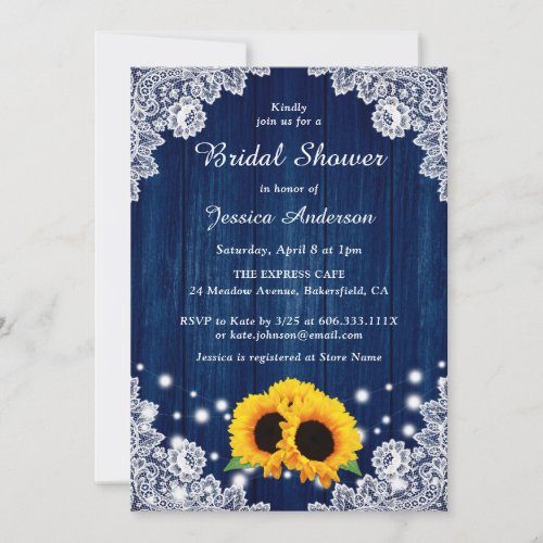 Rustic Navy Blue Wood Lace Sunflower Bridal Shower Invitation