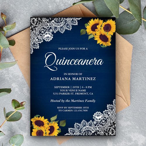 Rustic Navy Blue Wood Lace Sunflower Quinceanera Invitation
