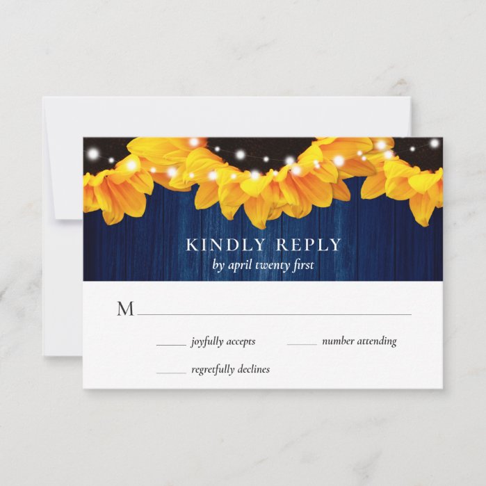 Rustic Navy Blue Wood Lace Sunflower RSVP Card