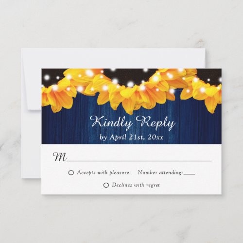 Rustic Navy Blue Wood Lace Sunflower RSVP Card