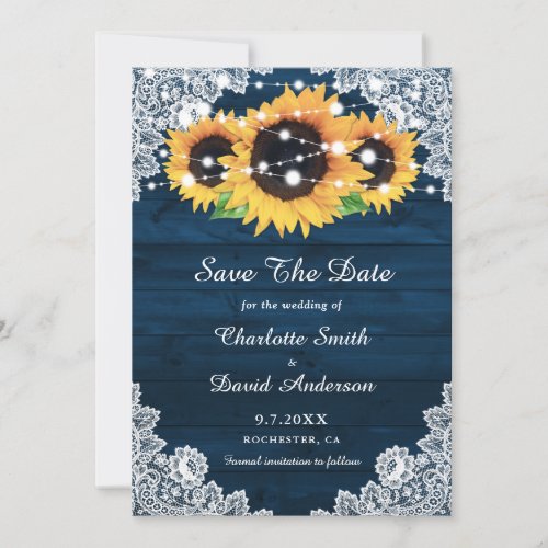 Rustic Navy Blue Wood Lace Sunflower Save the Date