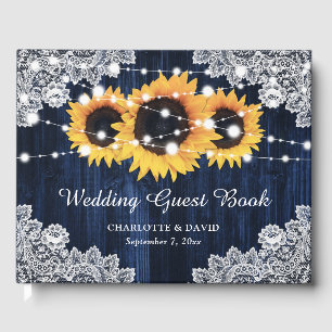 Rustic Navy Blue Wood Lace Sunflower Wedding Guest Book