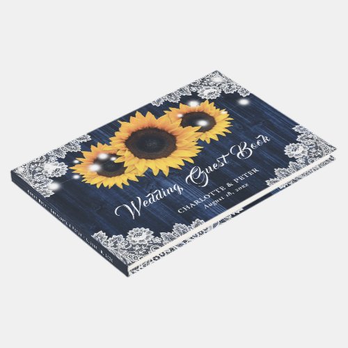 Rustic Navy Blue Wood Lace Sunflower Wedding Guest Book