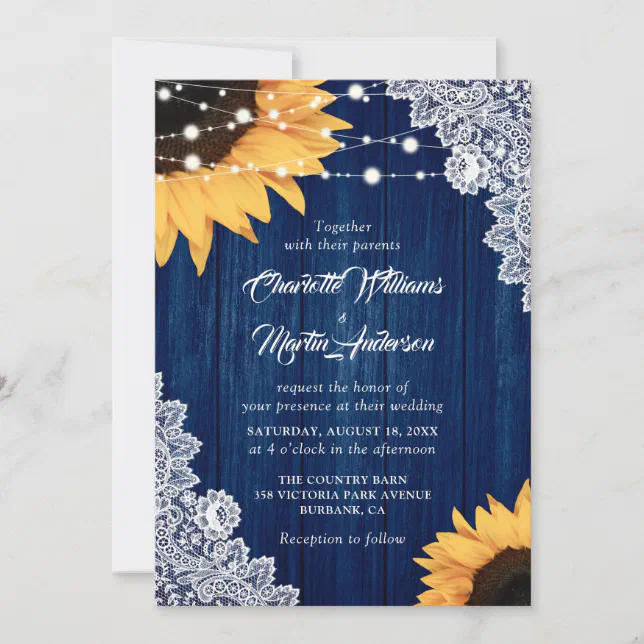 Rustic Navy Blue Wood Lace Sunflower Wedding Invitation | Zazzle