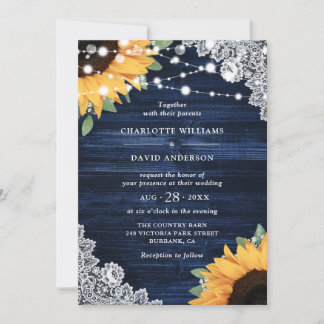 Rustic Navy Blue Wood Lace Sunflower Wedding Invitation