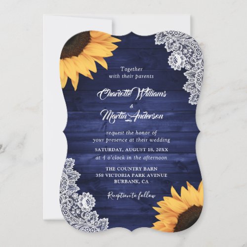 Rustic Navy Blue Wood Lace Sunflower Wedding Invitation