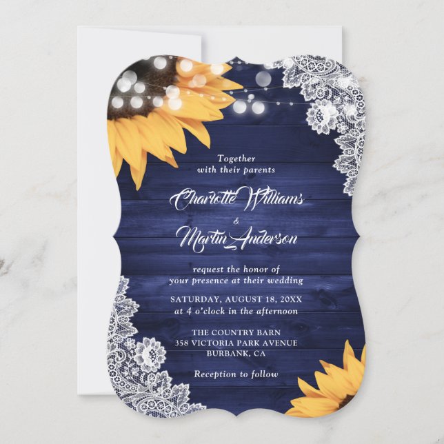 Rustic Navy Blue Wood Lace Sunflower Wedding Invitation (Front)