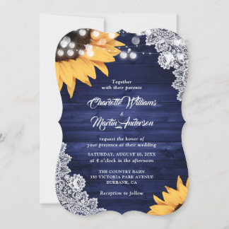 Rustic Navy Blue Wood Lace Sunflower Wedding Invitation