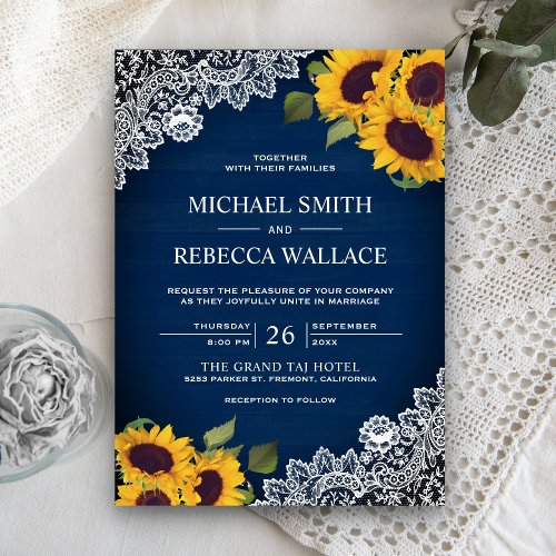 Rustic Navy Blue Wood Lace Sunflower Wedding Invitation