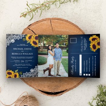 Rustic Navy Blue Wood Lace Sunflower Wedding Photo Tri-fold Invitation by ShabzDesigns at Zazzle
