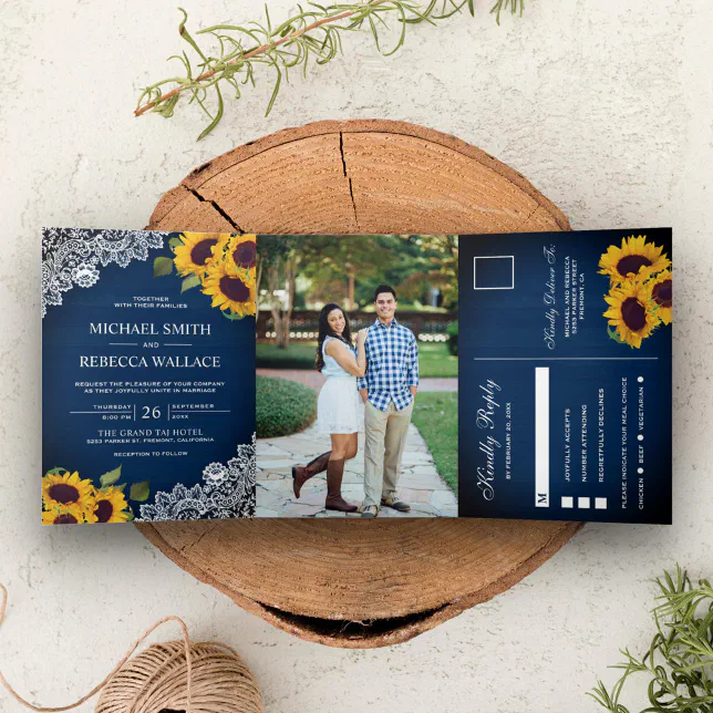 Rustic Navy Blue Wood Lace Sunflower Wedding Photo Tri-Fold Invitation ...