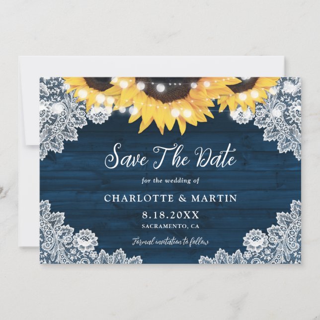 Rustic Navy Blue Wood Lace Sunflower Wedding Save The Date (Front)