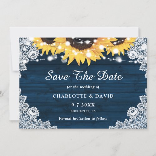 Rustic Navy Blue Wood Lace Sunflower Wedding Save The Date